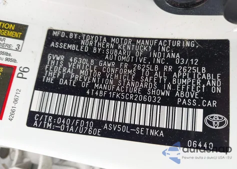 2012 Toyota Camry Le из США, поврежденный, VIN 4T4BF1FK5CR206032